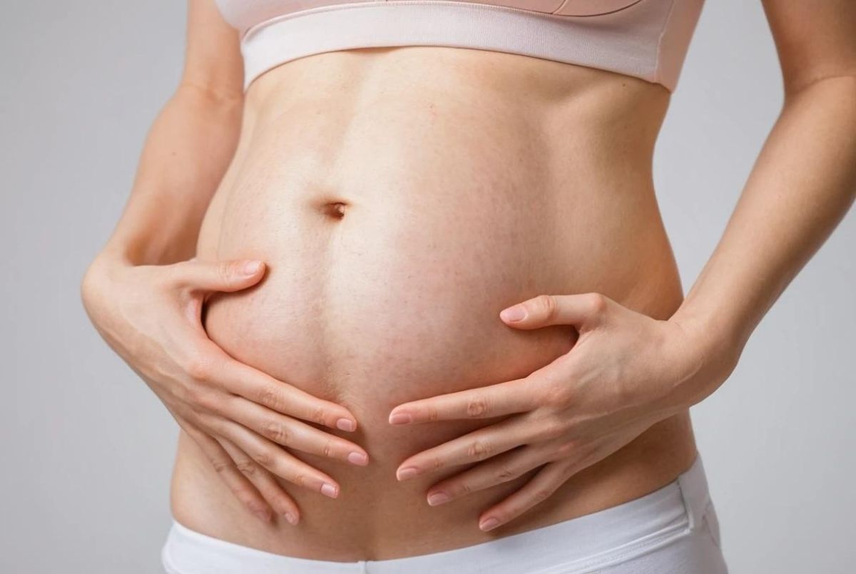 Image showing a woman gently massaging her belly area, symbolizing care and attention to loose skin after pregnancy.