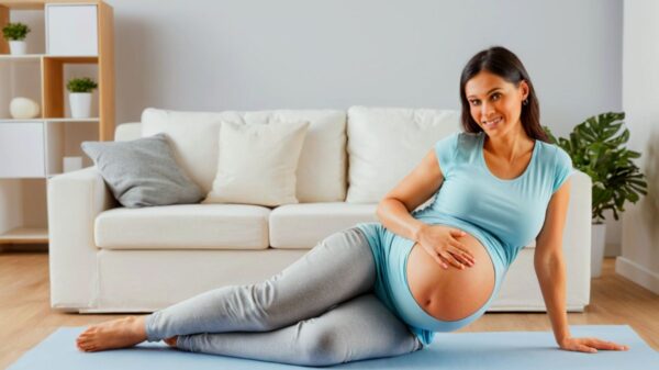 Illustration of pregnancy health essentials featuring a pregnant person surrounded by icons representing prenatal care, nutrition, exercise, hydration, and mental health