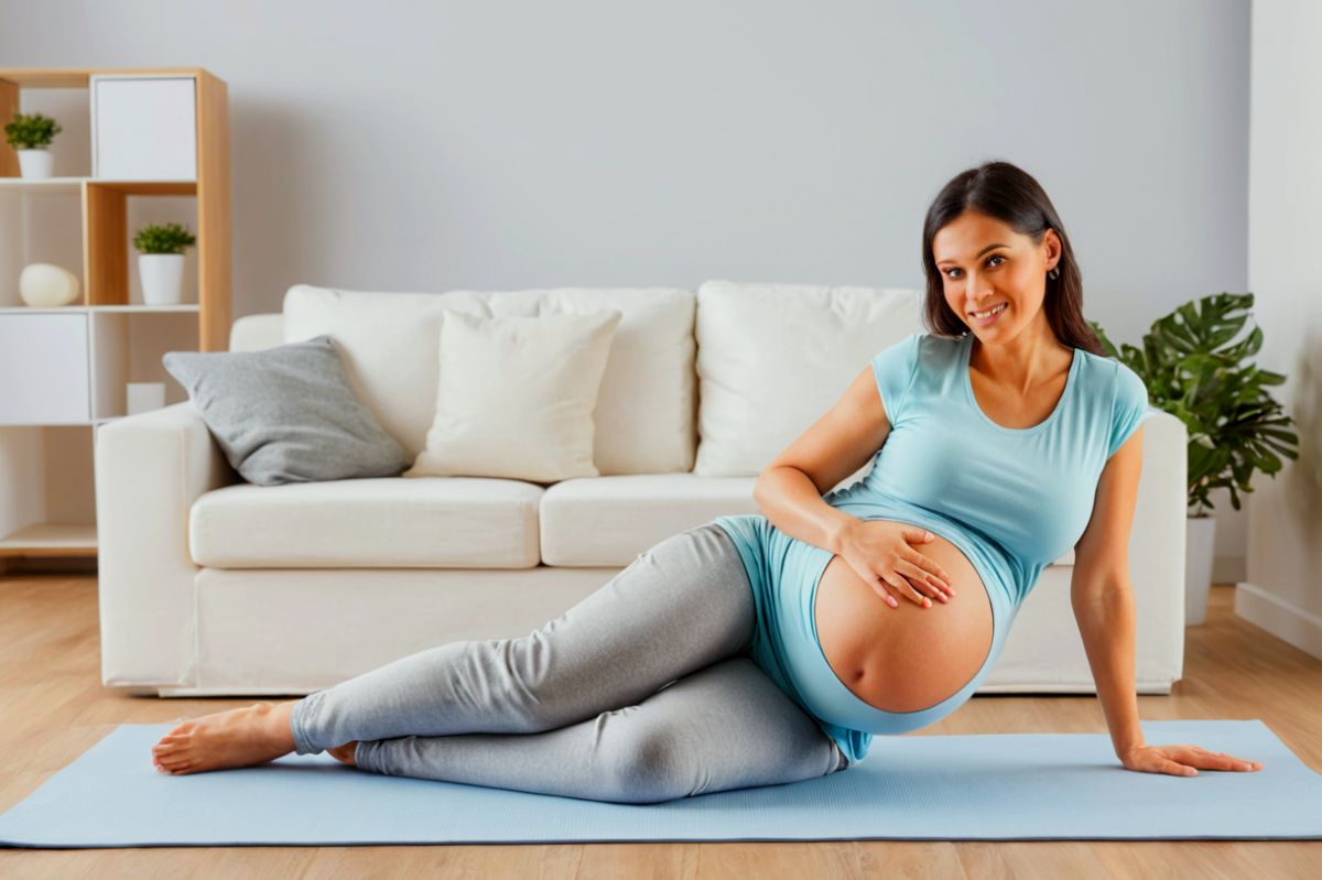 Illustration of pregnancy health essentials featuring a pregnant person surrounded by icons representing prenatal care, nutrition, exercise, hydration, and mental health