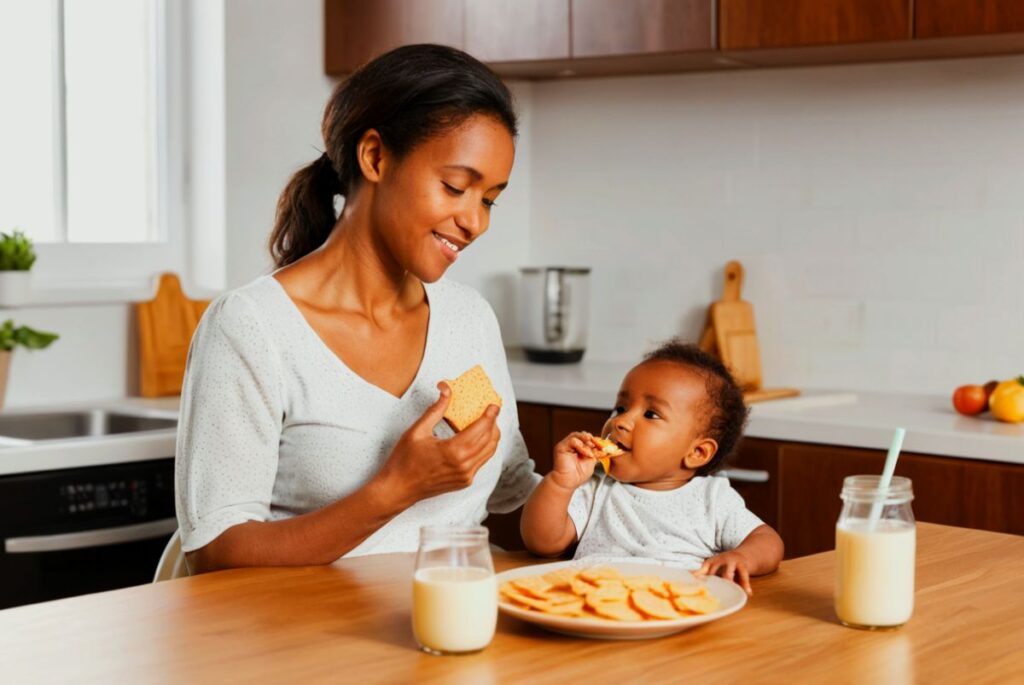 Assortment of snacks for breastfeeding snacks moms to boost milk supply, including nuts, fruits, and whole grains.