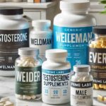 Assorted testosterone supplement bottles on a clean countertop, featuring Wellman, Weider, Prime Labs, and Everlywell, with a notepad, plant, and glass of water