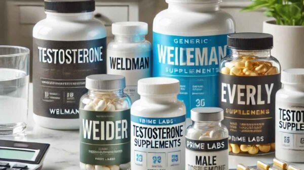 Assorted testosterone supplement bottles on a clean countertop, featuring Wellman, Weider, Prime Labs, and Everlywell, with a notepad, plant, and glass of water