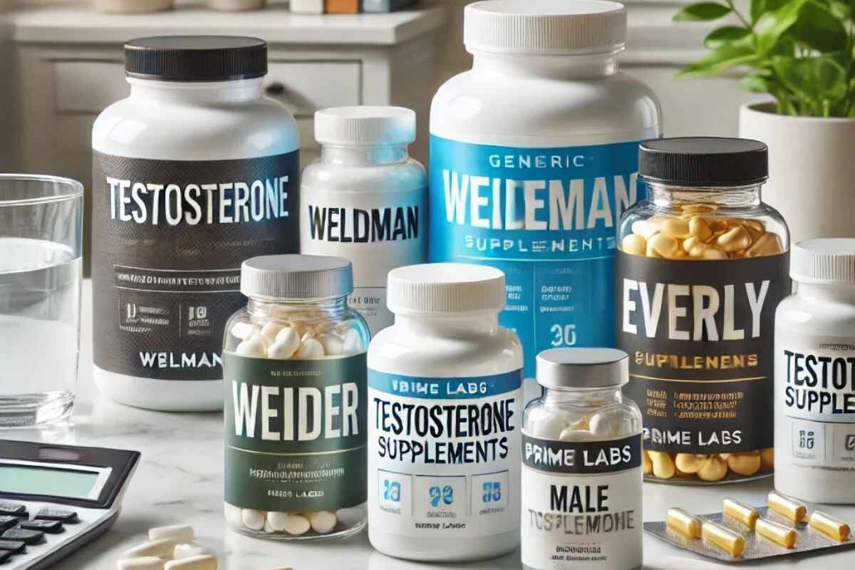 Assorted testosterone supplement bottles on a clean countertop, featuring Wellman, Weider, Prime Labs, and Everlywell, with a notepad, plant, and glass of water