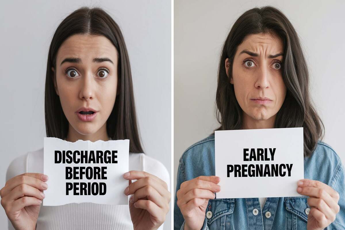 Visual comparison of discharge differences before period vs. early pregnancy.