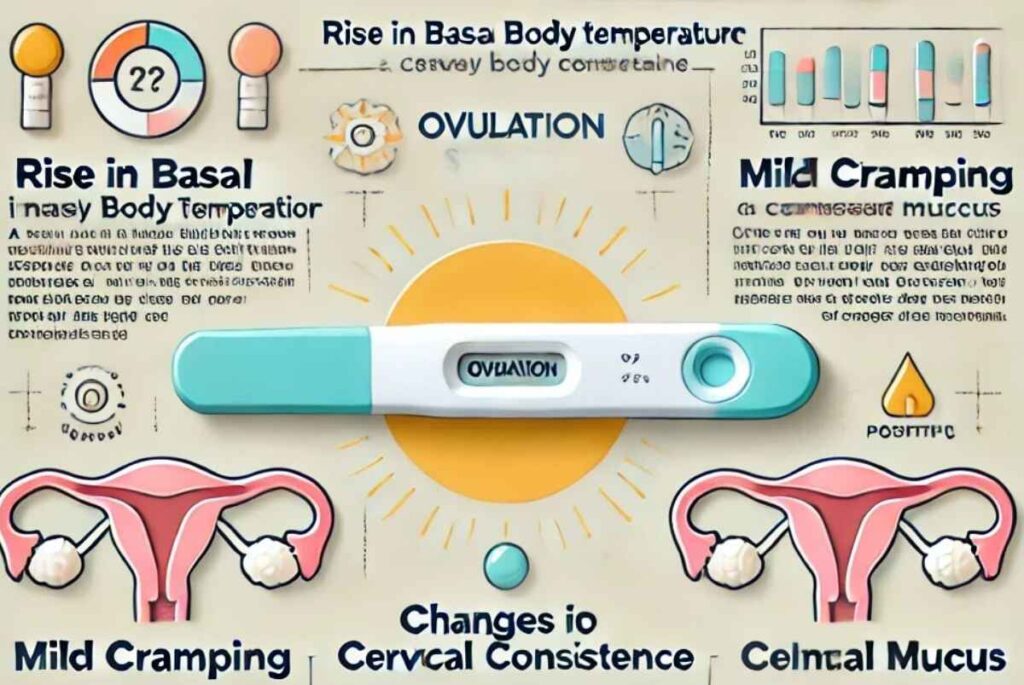 Infographic illustrating symptoms of a positive ovulation test, featuring icons for a rise in basal body temperature, mild cramping, and changes in cervical mucus, alongside a photo of a positive ovulation test stick.