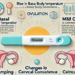 Infographic illustrating symptoms of a positive ovulation test, featuring icons for a rise in basal body temperature, mild cramping, and changes in cervical mucus, alongside a photo of a positive ovulation test stick.