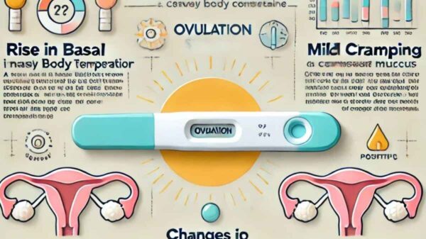 Infographic illustrating symptoms of a positive ovulation test, featuring icons for a rise in basal body temperature, mild cramping, and changes in cervical mucus, alongside a photo of a positive ovulation test stick.