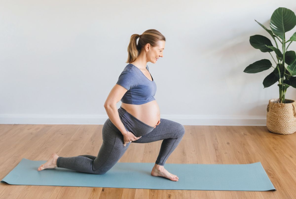 A pregnant woman performing a gentle side stretch on a yoga mat, surrounded by a calming home environment.