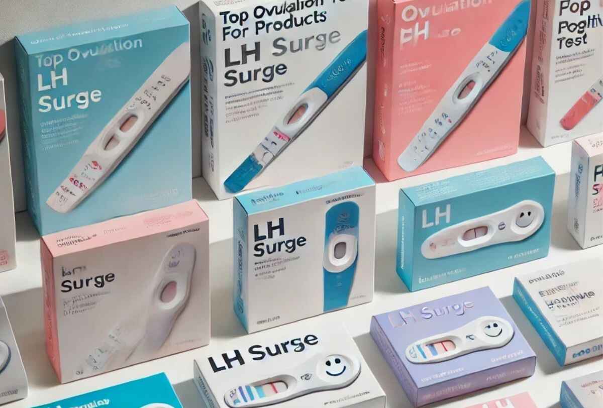 Infographic showcasing products for positive ovulation tests, including ovulation predictor kits, fertility tracking apps, and supplements, with detailed icons and descriptions for each.