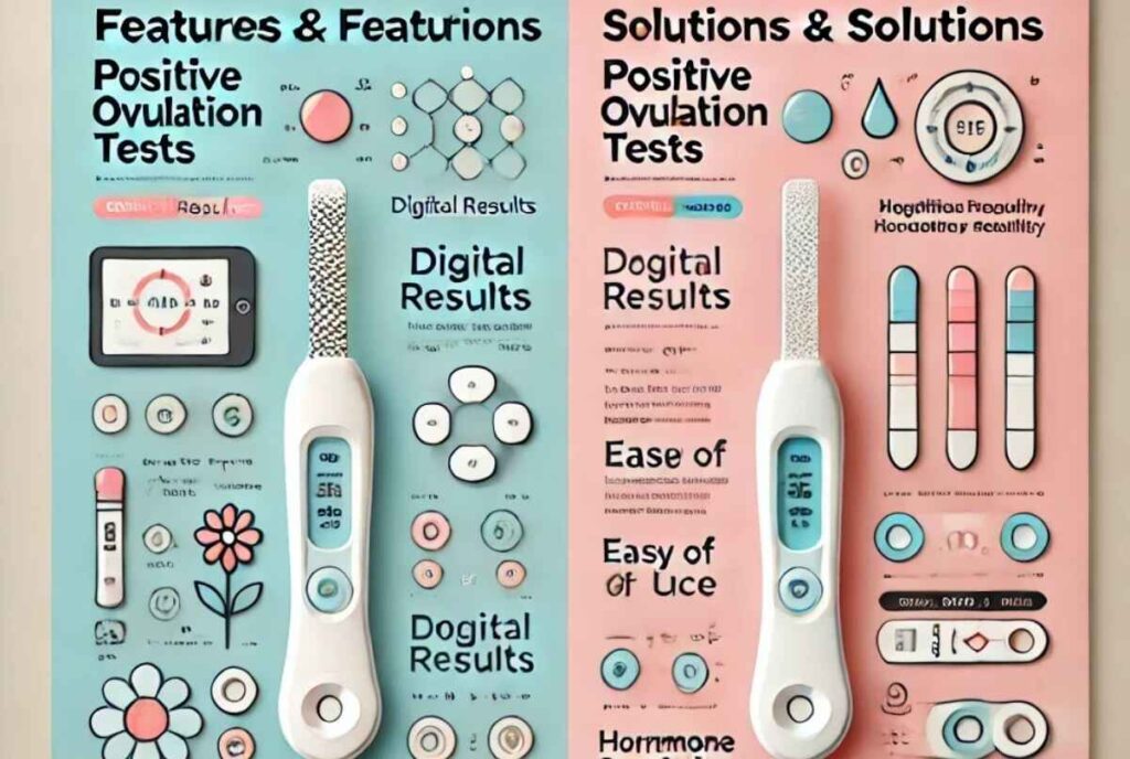 Infographic displaying solutions for positive ovulation tests, featuring ovulation test kits, symptom tracking, and brand recommendations like Clearblue and Ro Modern Fertility.