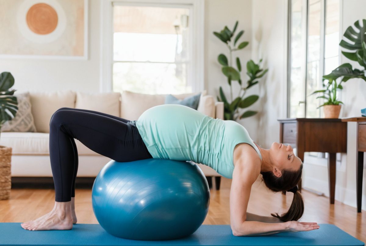 Pregnancy stretches and tools, including resistance bands, yoga mats, and stability balls, for a comfortable and supportive wellness routine.