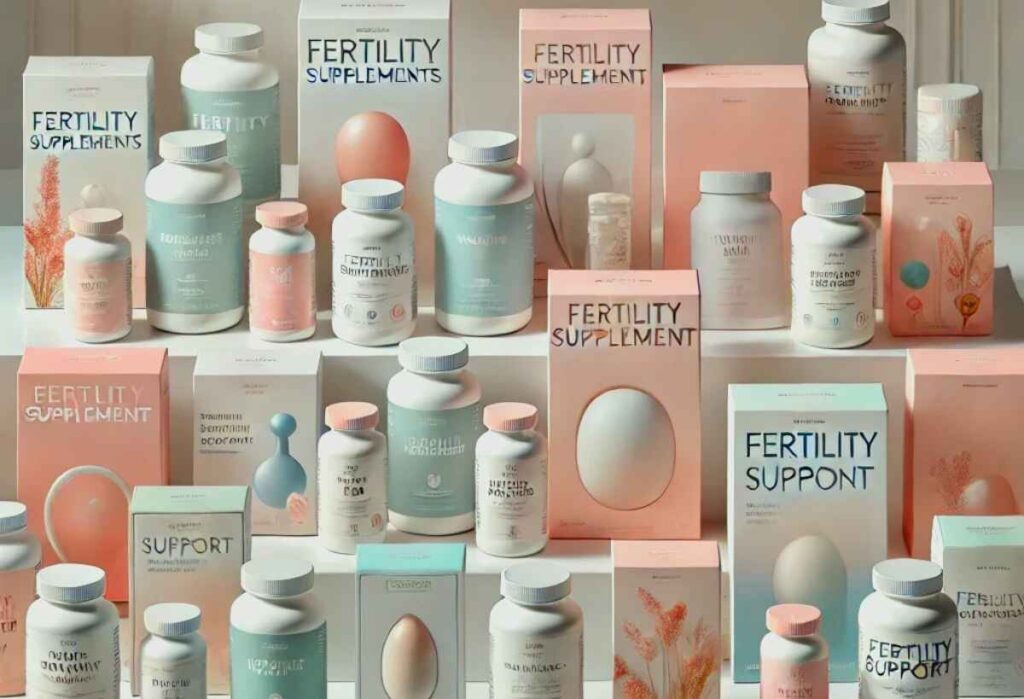 Image of various fertility supplements, highlighting key ingredients like Folic Acid, CoQ10, Inositol, and Vitamin D, designed to support women’s reproductive health