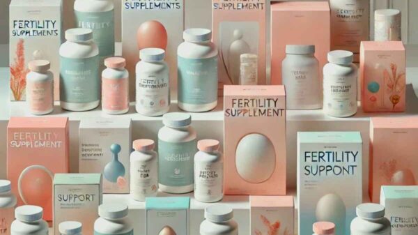 Image of various fertility supplements, highlighting key ingredients like Folic Acid, CoQ10, Inositol, and Vitamin D, designed to support women’s reproductive health