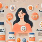 Bottles of fertility supplements for women, including essential nutrients like folic acid, CoQ10, inositol, and vitamin D