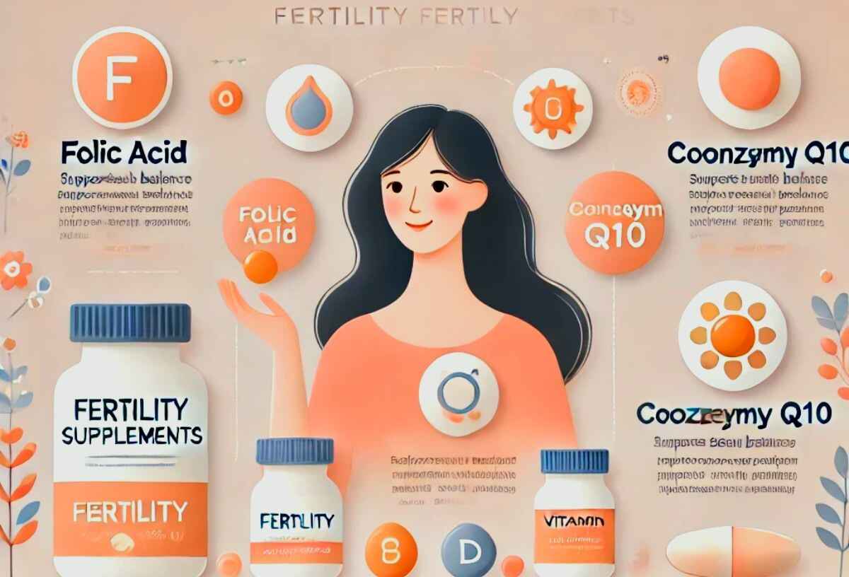 Bottles of fertility supplements for women, including essential nutrients like folic acid, CoQ10, inositol, and vitamin D