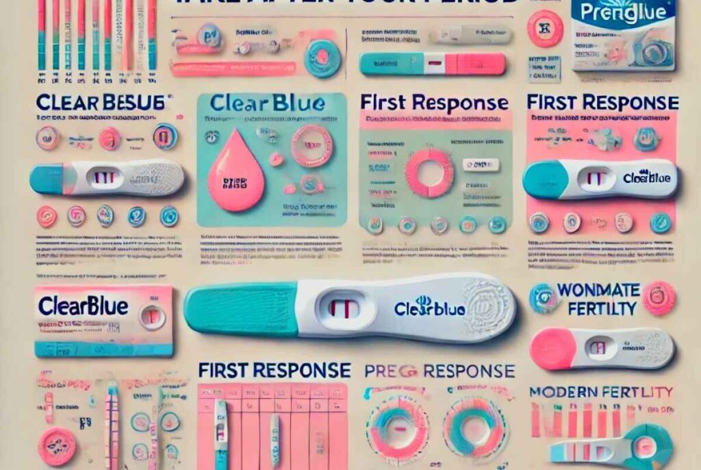 Various ovulation test kits displayed, including Clearblue, First Response, Pregmate, and Wondfo, for fertility tracking and conception planning