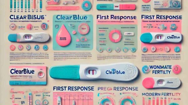 Various ovulation test kits displayed, including Clearblue, First Response, Pregmate, and Wondfo, for fertility tracking and conception planning